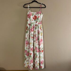 Laura Ashley White Floral Midi Dress with Pink and Red Roses